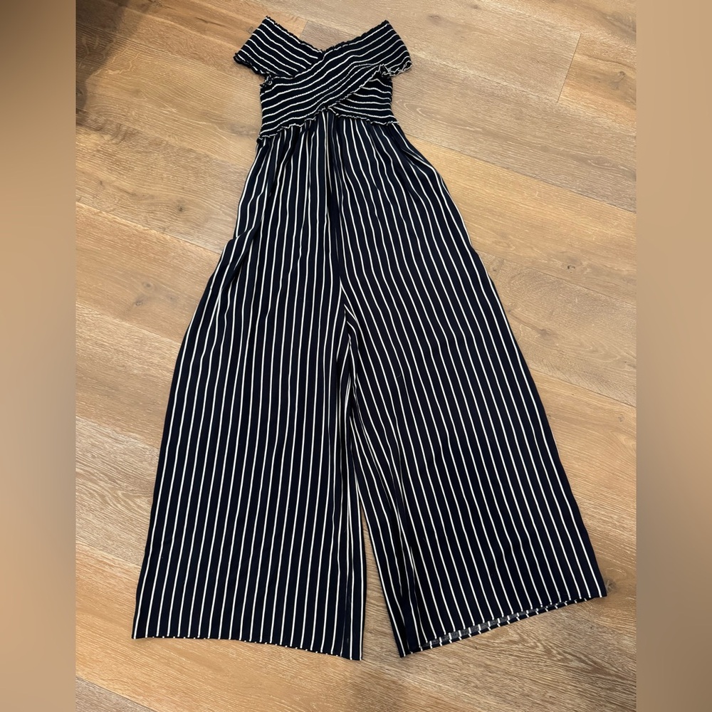Aqua Black and White Striped Wide Leg Jumpsuit